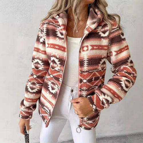 Damen Fleecejacke mit grafischem Muster und praktischen Taschen EB