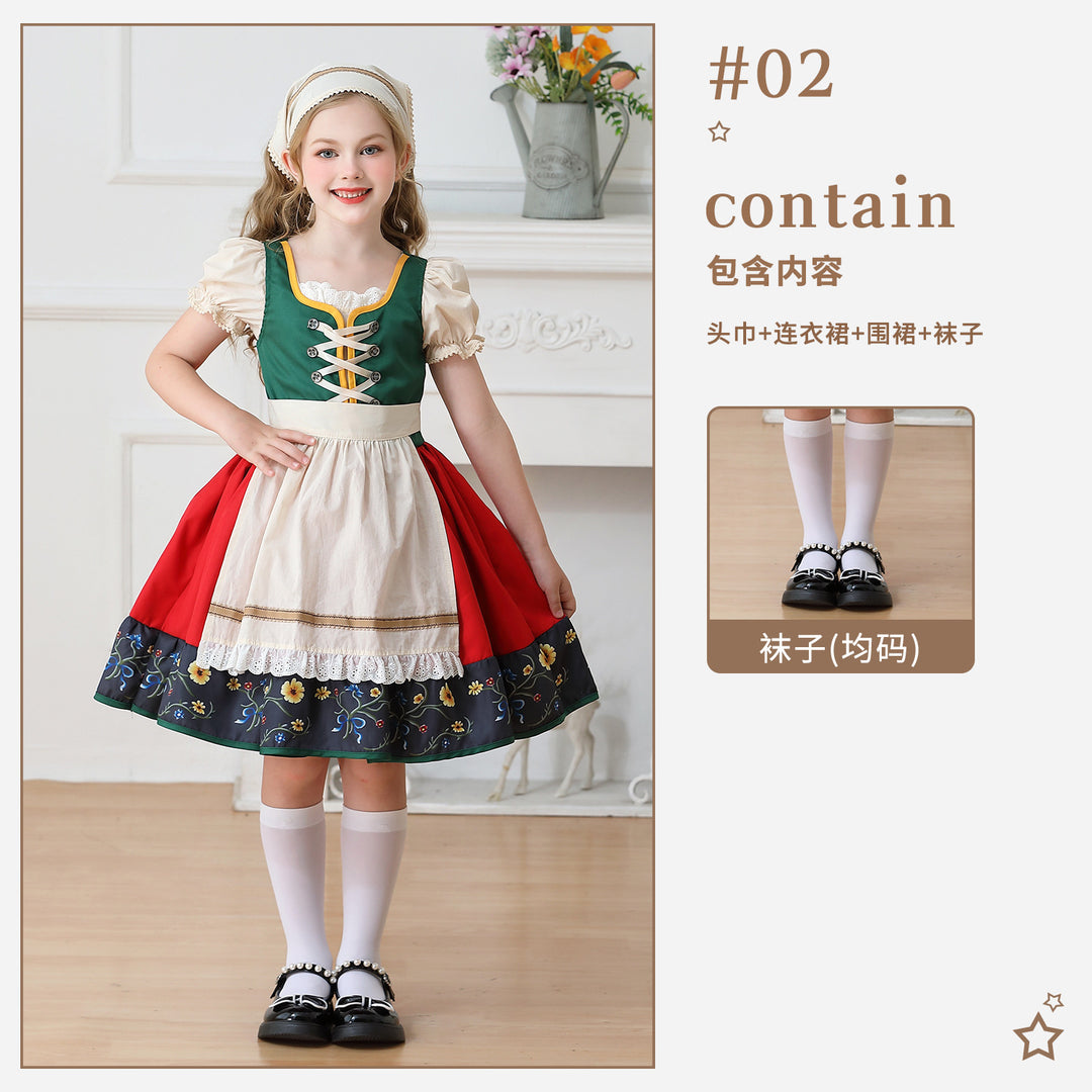 Damen nan traditionelles Kinderdirndl Kleid mit dekorativer Schnürung Schürze und Spitzenkopftuch EB