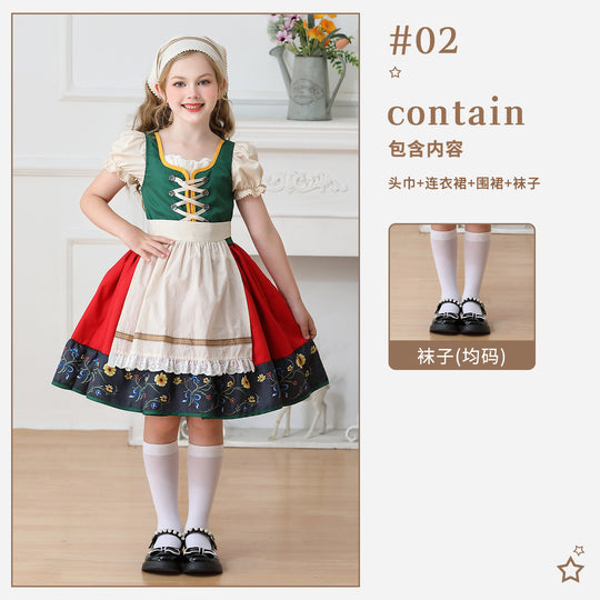 Damen nan traditionelles Kinderdirndl Kleid mit dekorativer Schnürung Schürze und Spitzenkopftuch EB