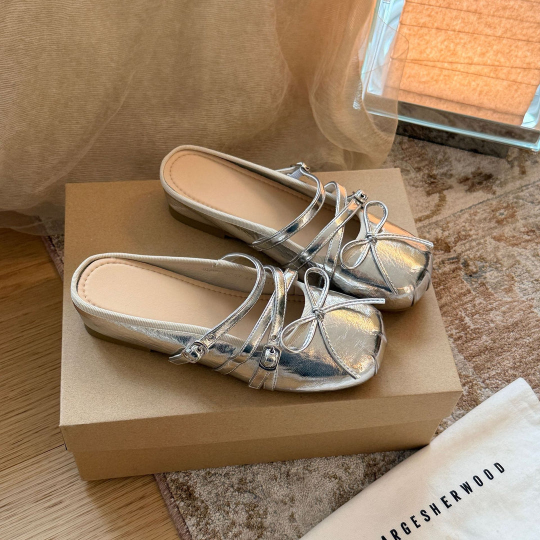 Damen elegante Schlupfschuhe mit dekorativem Riemen und Schleife EB