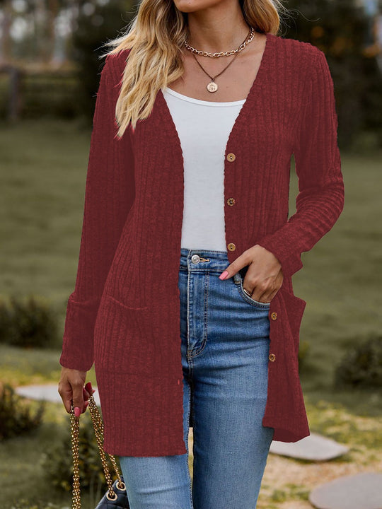 Damen Langstrickjacke mit strukturiertem Obermaterial und praktischen Taschen EB