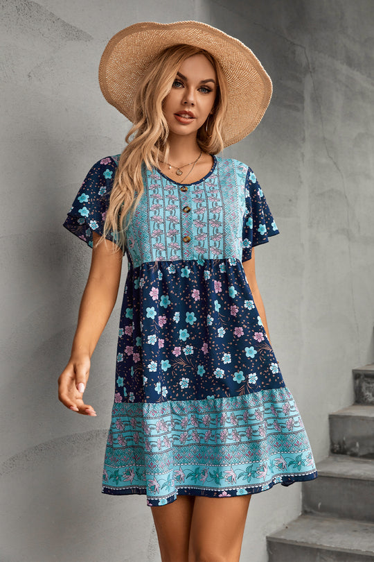 Damen Freizeitkleid mit floralem Vintage-Muster und Knopfdetails EB