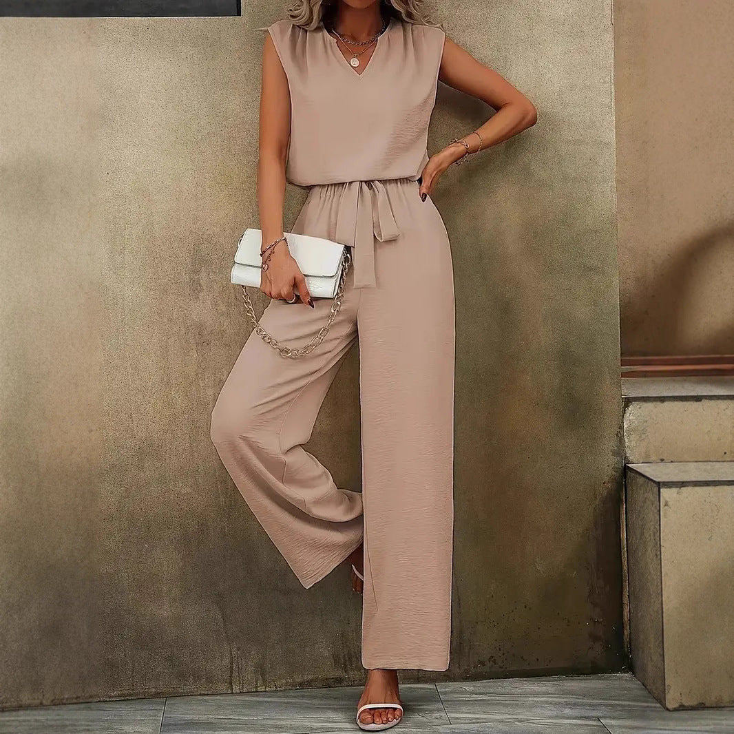 Damen Eleganter Suit mit V-Ausschnitt und Taillenknoten EB