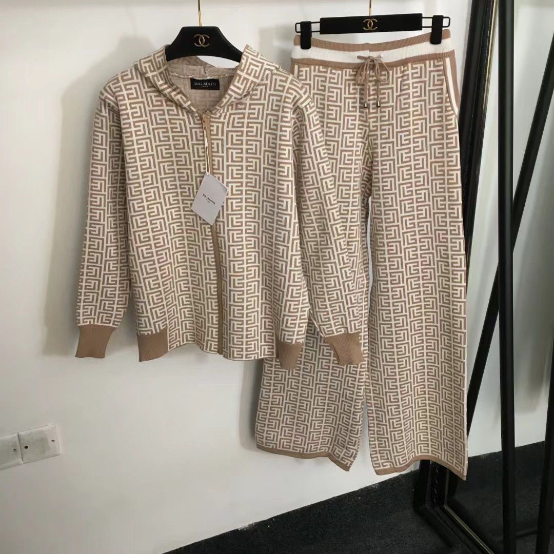 Damen modisches Strick-Loungewear-Set mit grafischem Muster EB