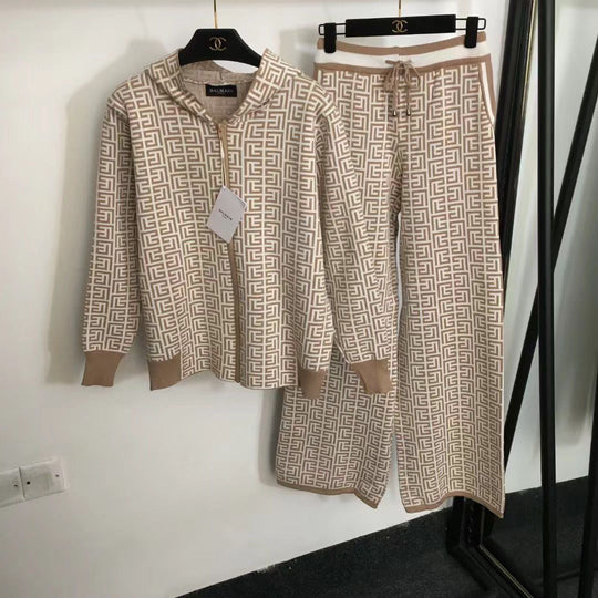 Damen modisches Strick-Loungewear-Set mit grafischem Muster EB