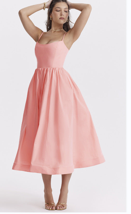 Damen elegantes Midikleid mit Spaghetti-Trägern und fließendem Rock EB