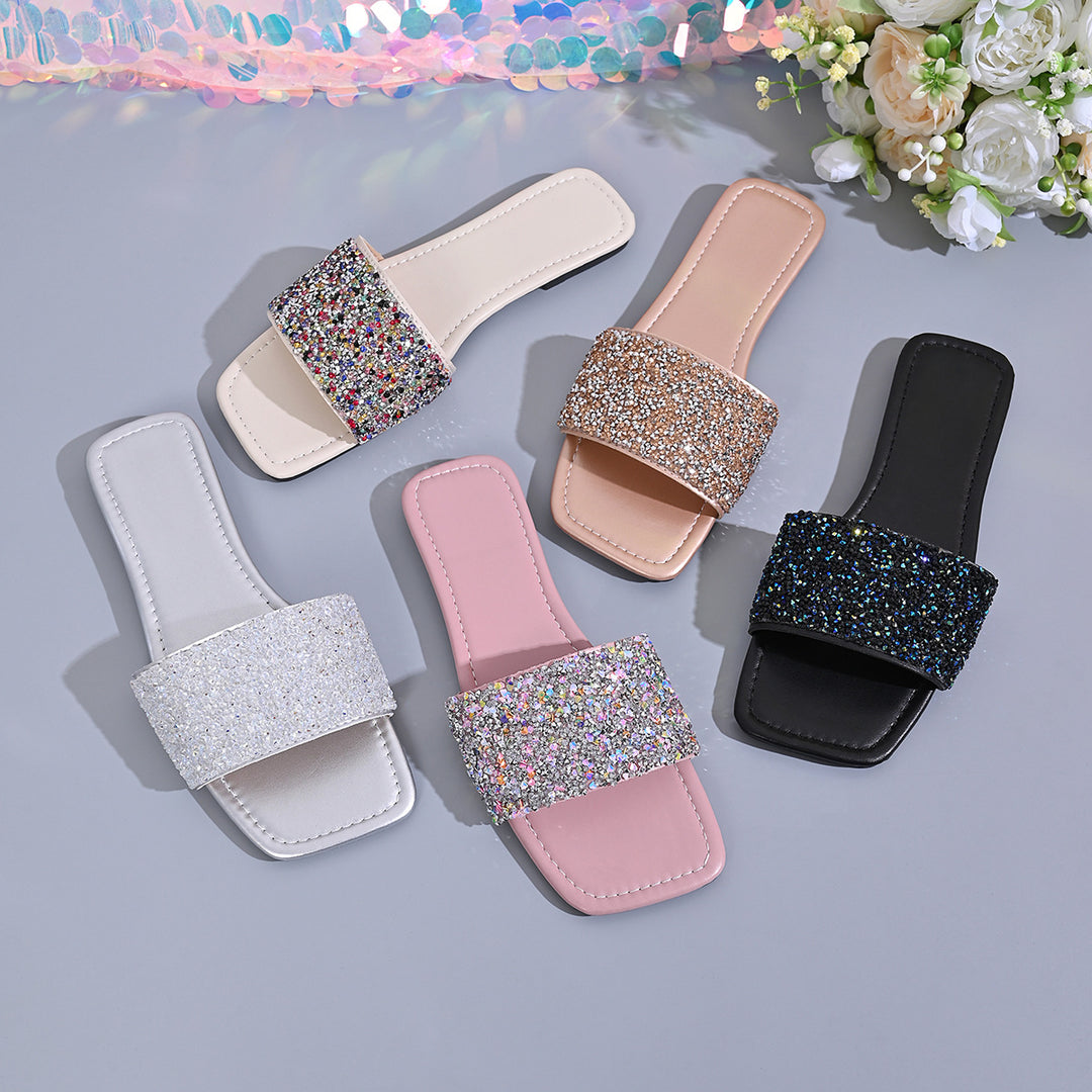 Damen Glamouröse Riemchen-Pantoletten mit funkelndem Glitter-Design EB