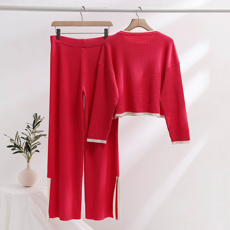 Damen lässiges Strickensemble mit hohem Bund und kontrastierenden Bündchen EB