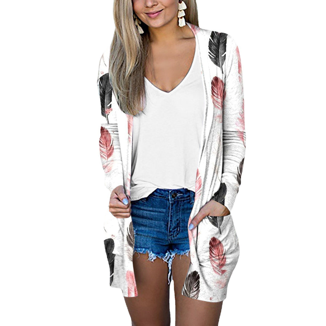 Damen lässige Longjacke mit einzigartigem Feder-Design und praktischen Taschen EB