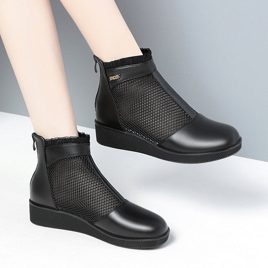 Damen Modische Ankle Boots mit Netzstruktur und elegantem Rüschenabschluss EB