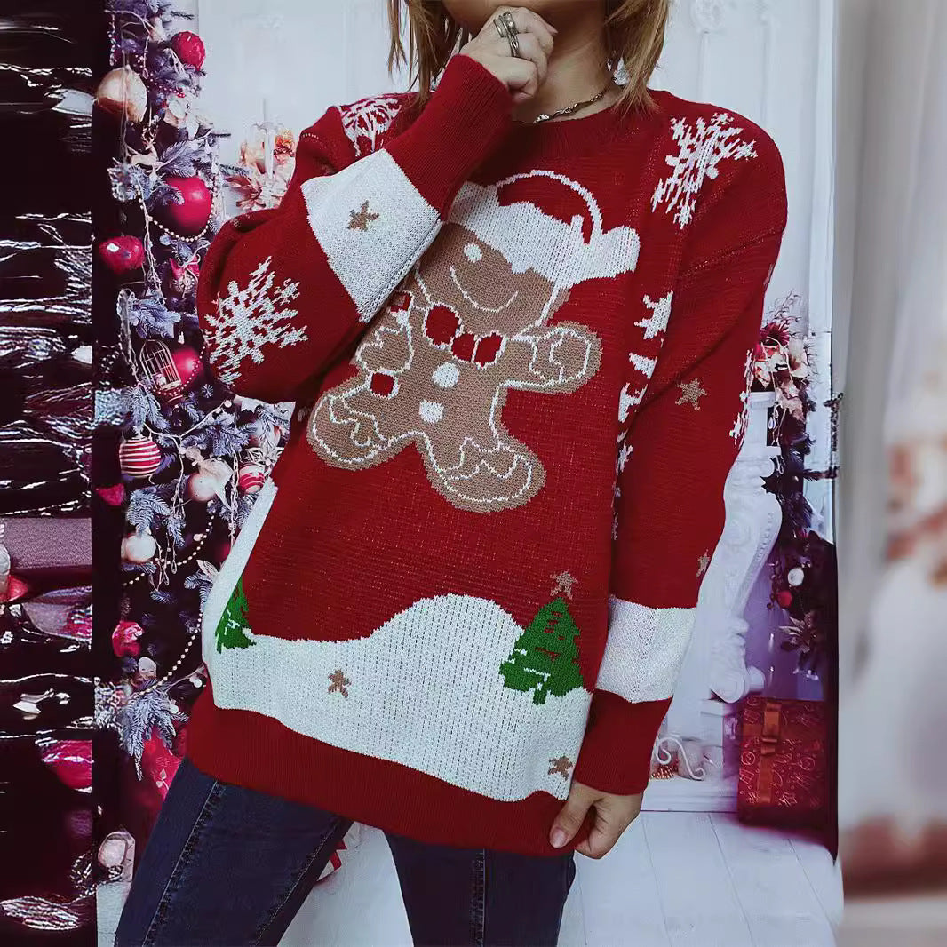Damen Weihnachts-Pullover mit gingerbread-Motiv und Rundhalsausschnitt EB