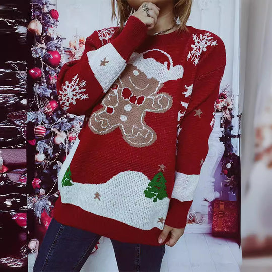 Damen Weihnachts-Pullover mit gingerbread-Motiv und Rundhalsausschnitt EB