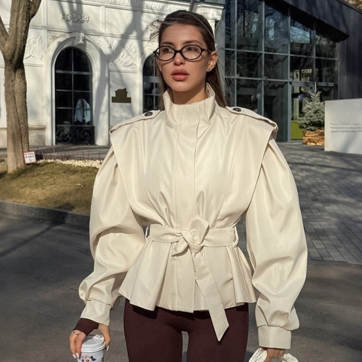 Damen elegante Utility-Jacke mit hochgeschlossenem Kragen und Taillengürtel EB