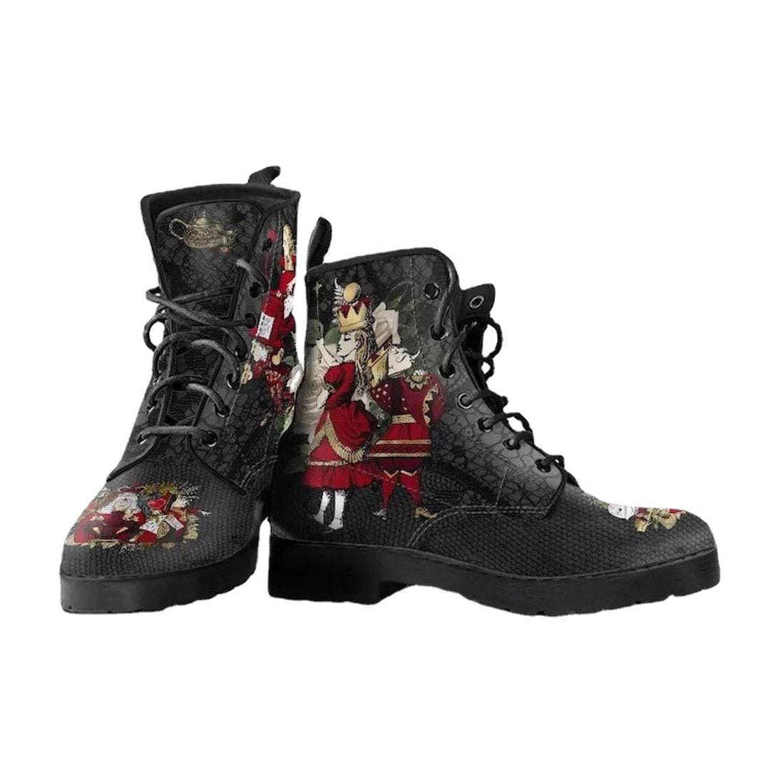 Damen nan modische knöchelhohe Schnür-Bikerboots mit auffälligem Totenkopf-Rosen-Print und robuster Profilsohle EB