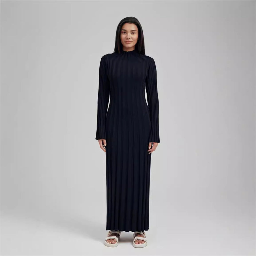 Damen Maxikleid mit elegantem Rippdesign und hochgeschlossenem Kragen EB