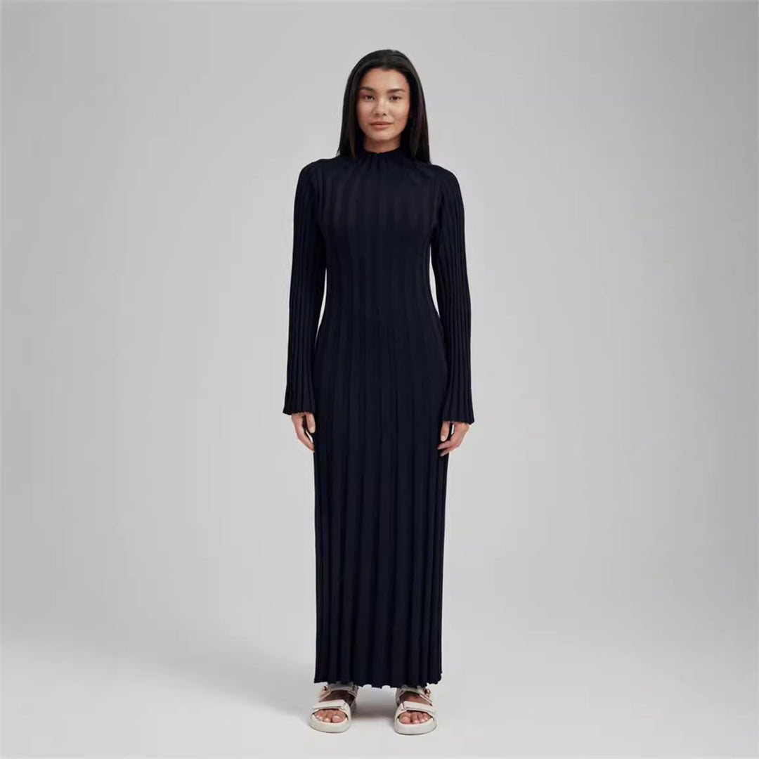 Damen Maxikleid mit elegantem Rippdesign und hochgeschlossenem Kragen EB
