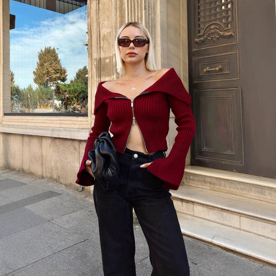 Damen Strickjacke mit weitem Ärmeldesign und Reißverschluss EB