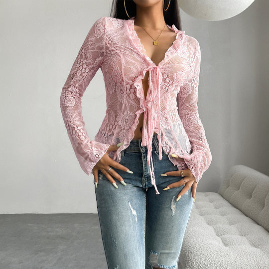 Damen Spitzenbluse mit Rüschendetails und tailliertem Schnitt EB