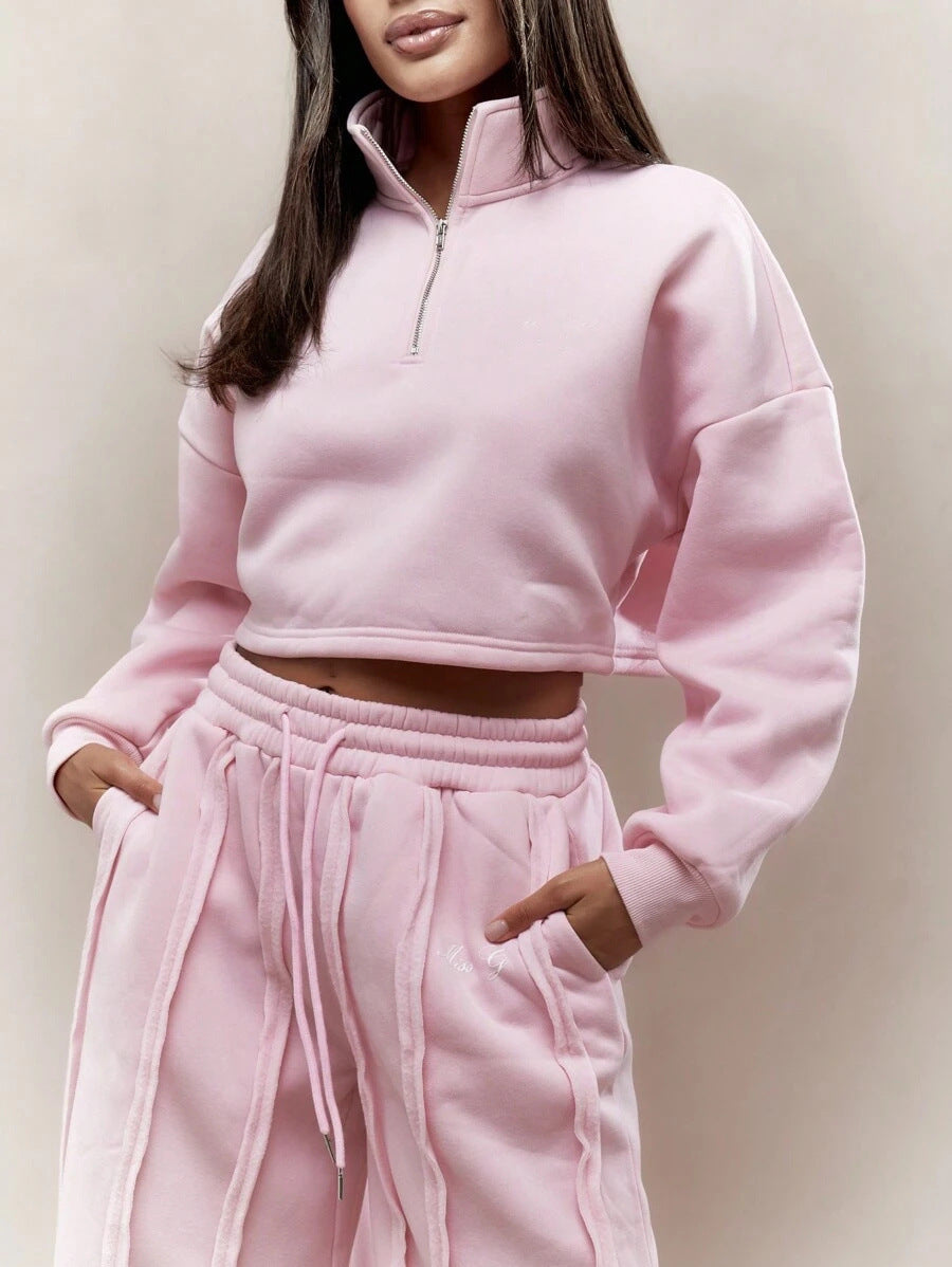 Damen Crop-Halbzip-Sweatshirt und High-Waist Wide-Leg Loungehose Set mit sichtbaren Naht-Details Eichborn Berlin