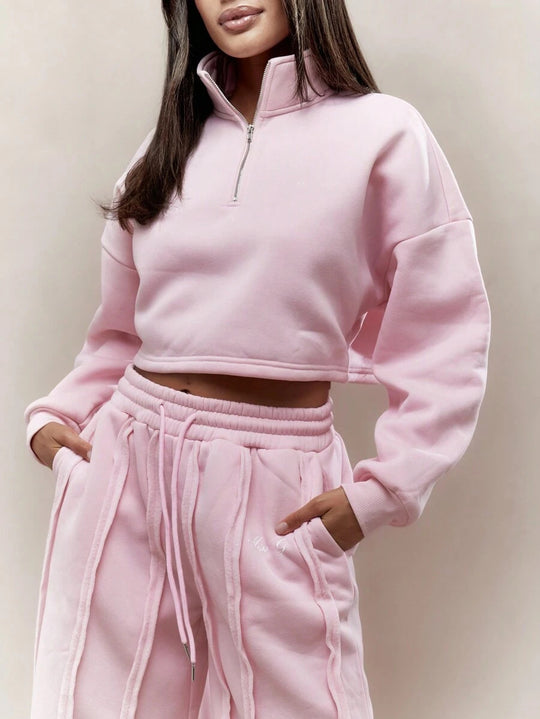 Damen Crop-Halbzip-Sweatshirt und High-Waist Wide-Leg Loungehose Set mit sichtbaren Naht-Details Eichborn Berlin