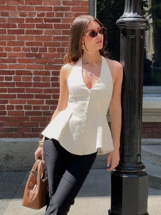 Damen Halterneck-Bluse mit taillierter Passform und Knopfleiste EB