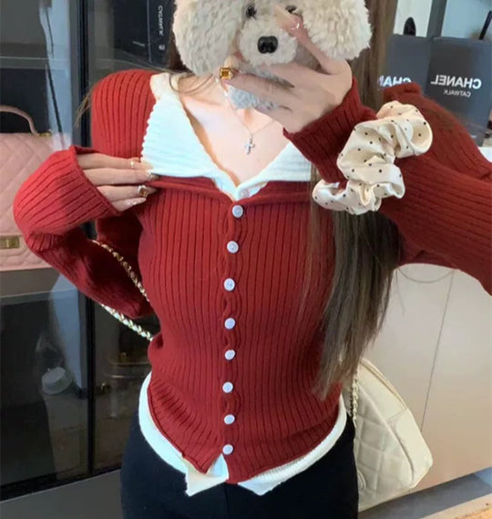 Damen Eleganter Cardigan mit Knopfleiste und Kontrastbesatz EB