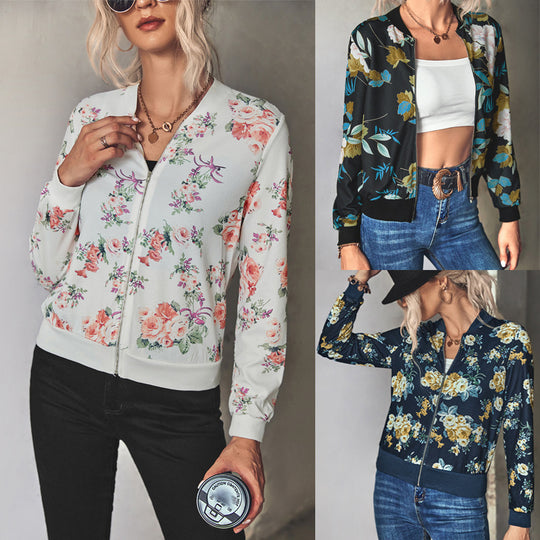 Damen Blütenmuster Freizeitjacke mit Reißverschluss und elastischen Bündchen EB