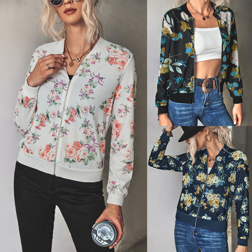 Damen Blütenmuster Freizeitjacke mit Reißverschluss und elastischen Bündchen EB