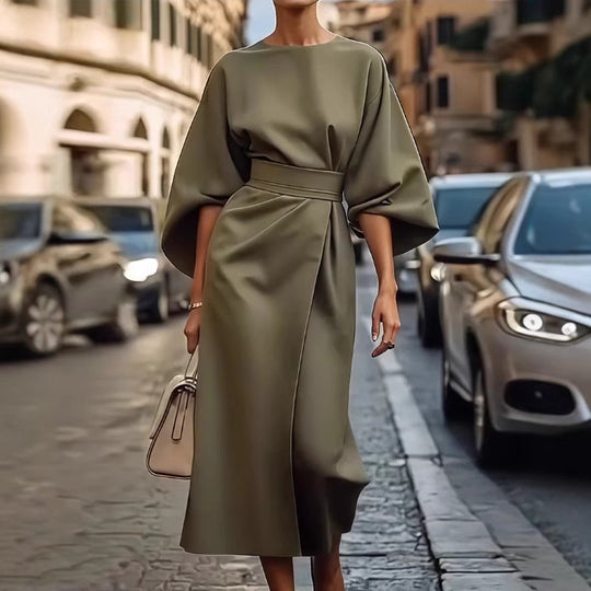 Damen Maxikleid mit eleganten Puffärmeln und Taillengürtel EB