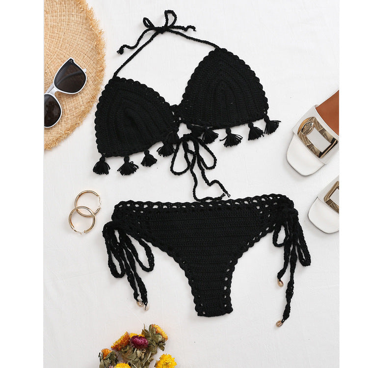 Damen Häkel-Bikini-Set mit fransigen Akzenten und verstellbaren Trägern EB