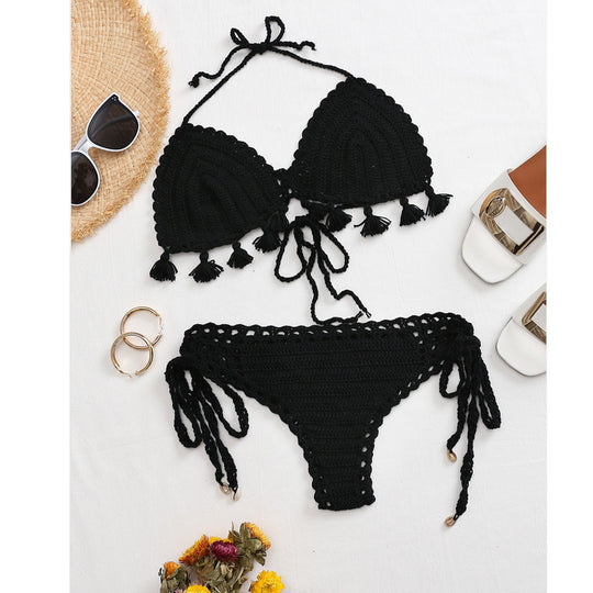 Damen Häkel-Bikini-Set mit fransigen Akzenten und verstellbaren Trägern EB