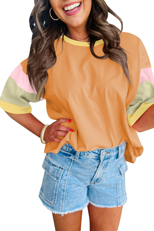 Damen lässiges T-Shirt mit farbenfrohen Ärmeln und weitem Schnitt EB