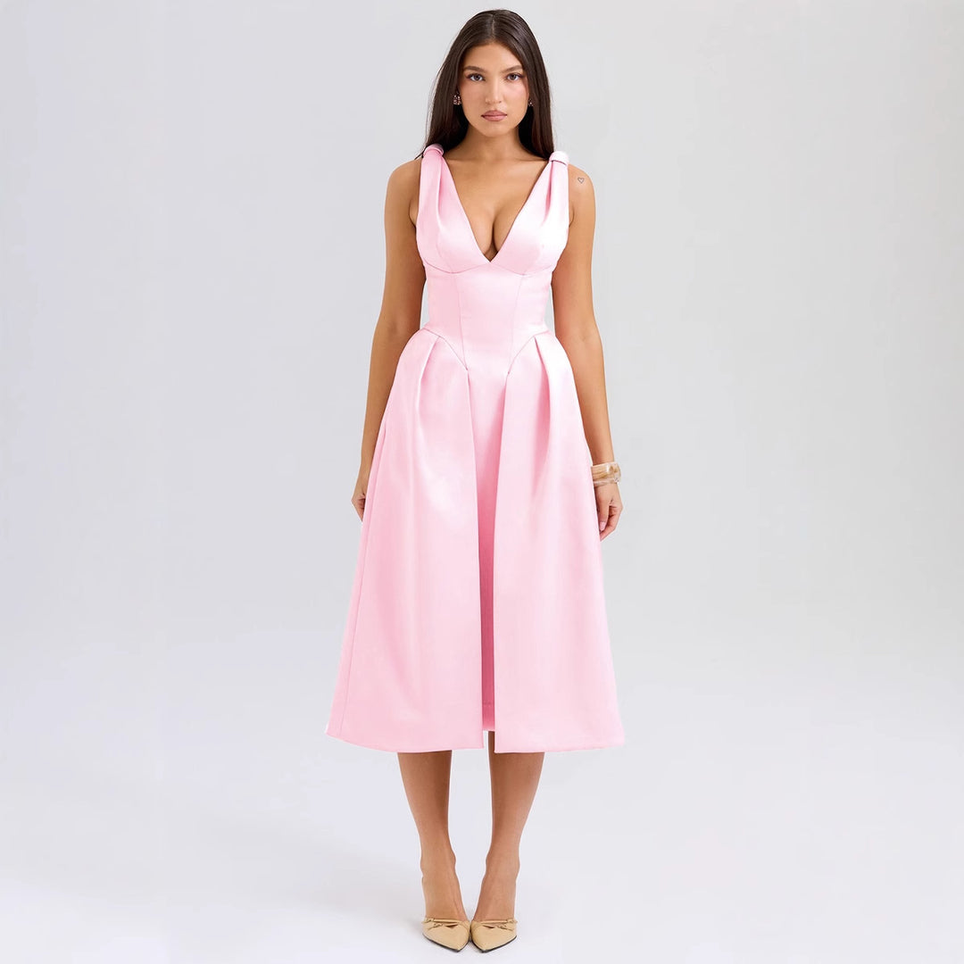 Damen Elegantes Wickelkleid mit tiefem V-Ausschnitt und schwingendem Rock EB