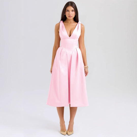 Damen Elegantes Wickelkleid mit tiefem V-Ausschnitt und schwingendem Rock EB