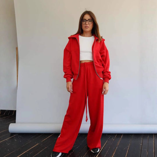 Damen Trendiges Sport-Lounge-Set mit cropped Sweatjacke und weit geschnittenen Jogginghosen EB