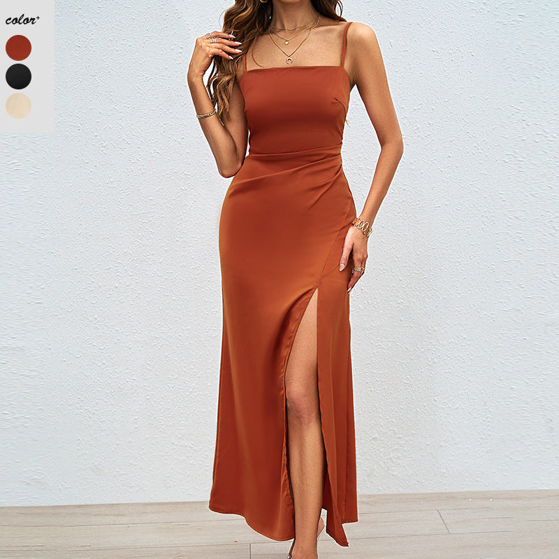 Damen Elegantes Maxikleid mit schmalen Trägern und seitlichem Schlitz EB