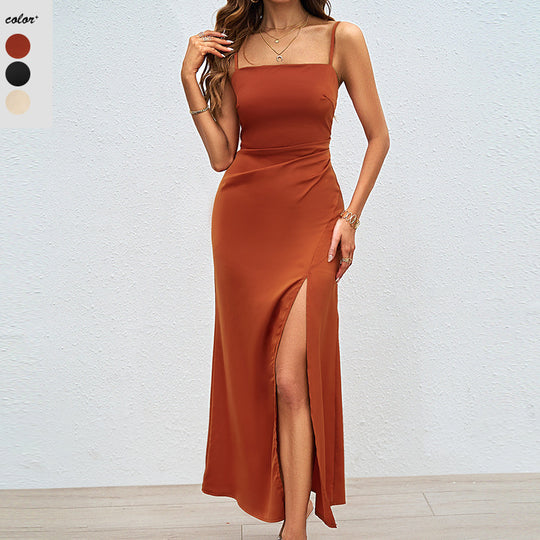 Damen Elegantes Maxikleid mit schmalen Trägern und seitlichem Schlitz EB