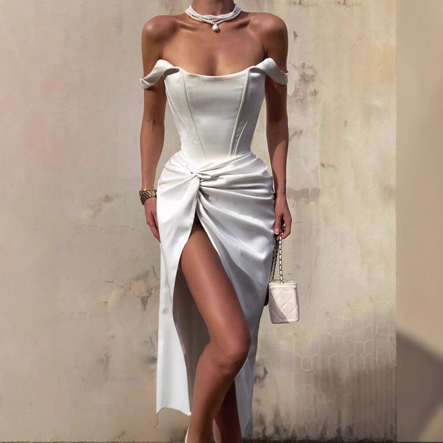 Damen Elegantes Off-Shoulder Maxikleid mit seitlichem Schlitz und raffinierter Drapierung EB