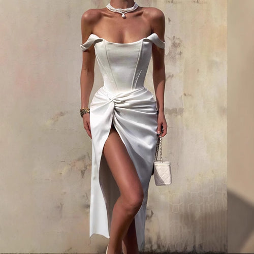 Damen Elegantes Off-Shoulder Maxikleid mit seitlichem Schlitz und raffinierter Drapierung EB
