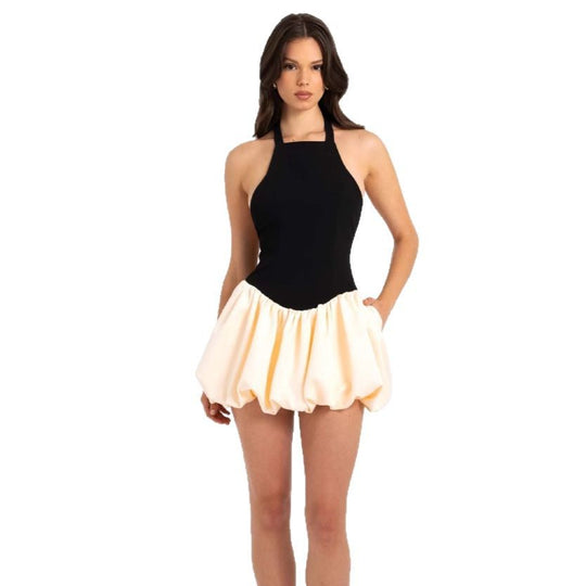 Damen Kurzarm Kleid mit voluminösem Rock und Halterneck EB