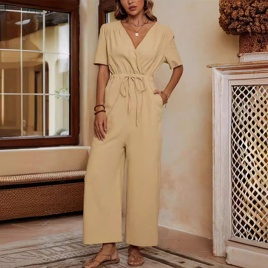 Damen lässiger Jumpsuit mit Taillengürtel und weitem Bein EB