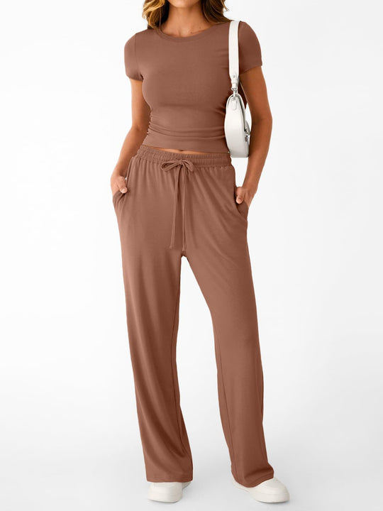 Damen lässiger Freizeitanzug mit kurzen Ärmel und weiten Hosen EB