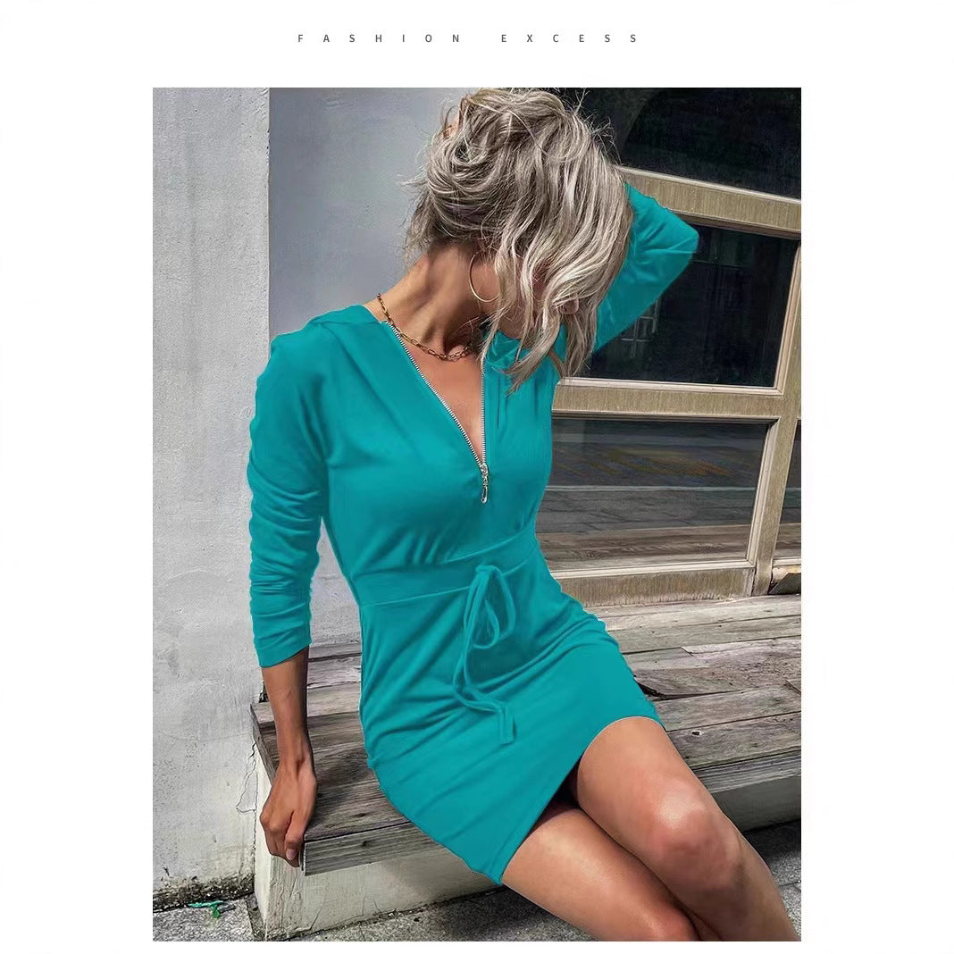 Damen Kapuzenkleid mit Reißverschluss und Taillenzug EB