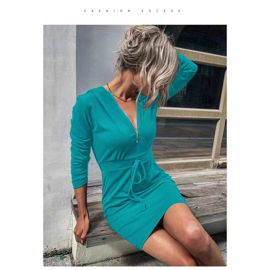 Damen Kapuzenkleid mit Reißverschluss und Taillenzug EB