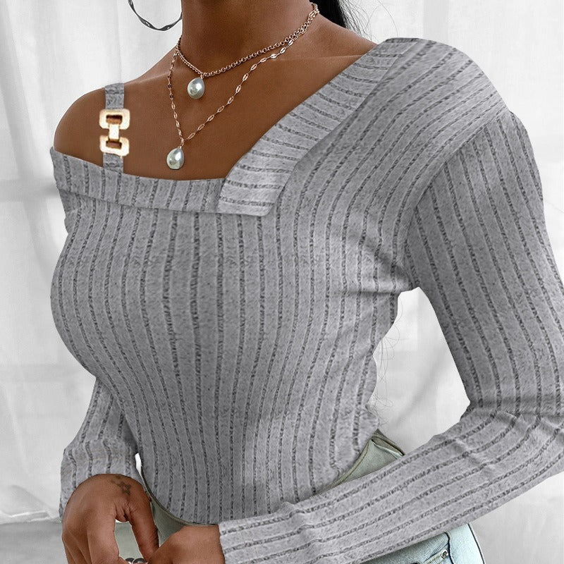 Damen modisches Oberteil mit asymmetrischem Ausschnitt und langem Arm EB
