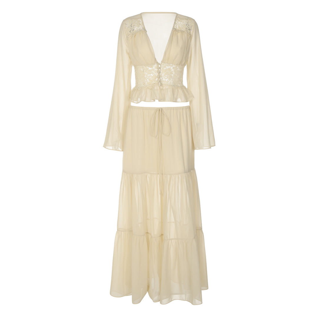 Damen Zweiteiliges Maxi-Kleid mit transparentem Oberteil und elastischem Bund EB