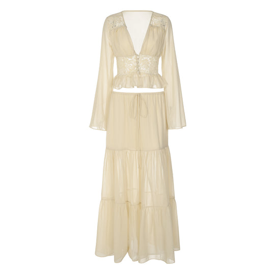 Damen Zweiteiliges Maxi-Kleid mit transparentem Oberteil und elastischem Bund EB