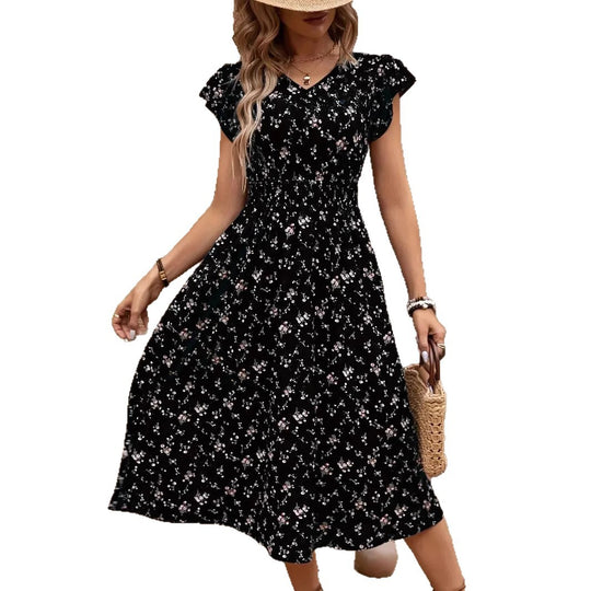 Damen Midikleid mit elastischem Tailleneinsatz und Rüschenärmeln EB