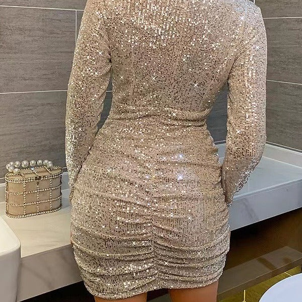Damen Glitzerndes Minikleid mit figurbetontem Schnitt und V-Ausschnitt EB