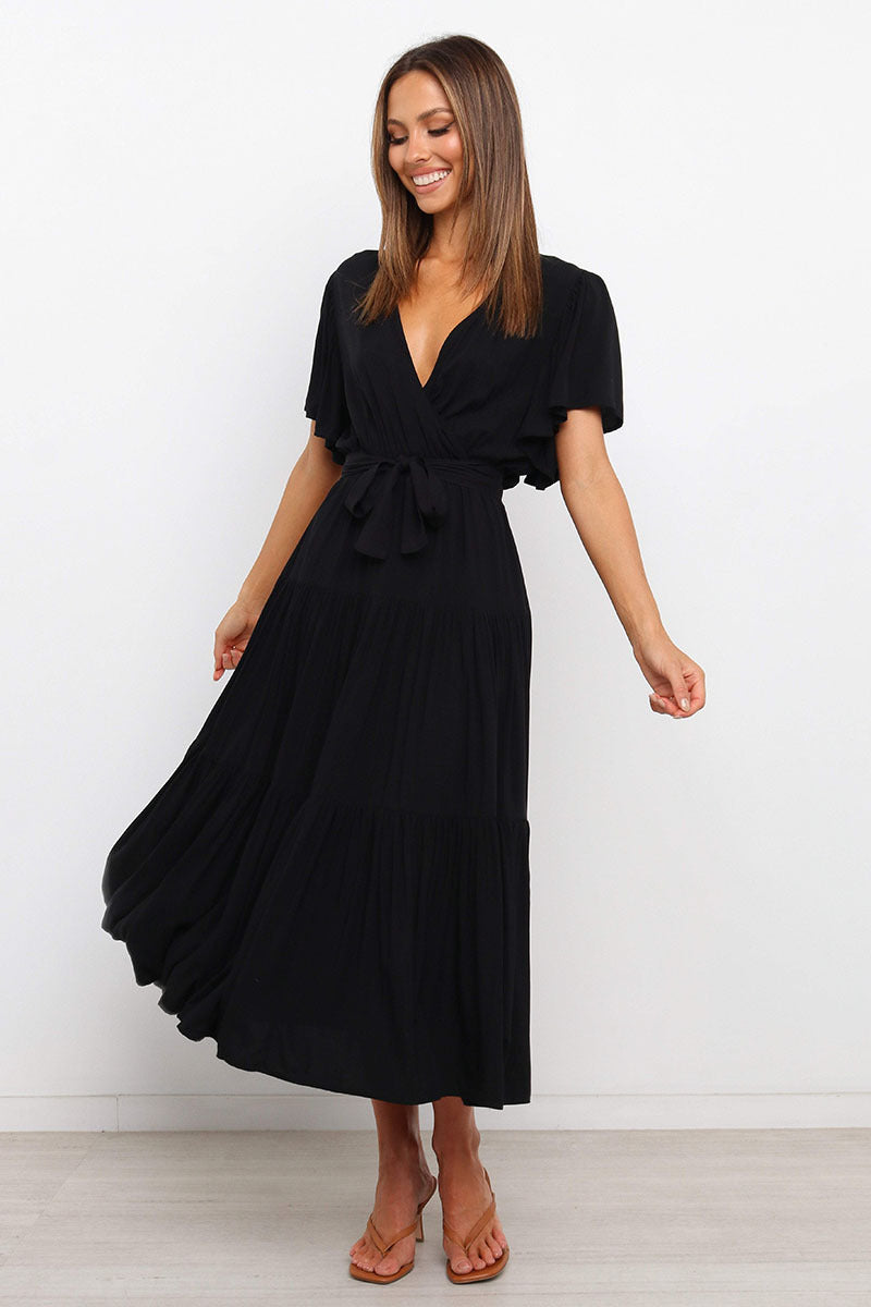 Damen Maxikleid mit tiefem V-Ausschnitt und schwingenden Ärmeln EB
